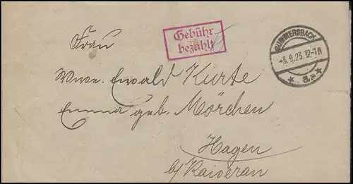 Gebühr-bezahlt-Stempel auf Brief Amtsgericht Gummersbach 3.9.23 nach Hagen