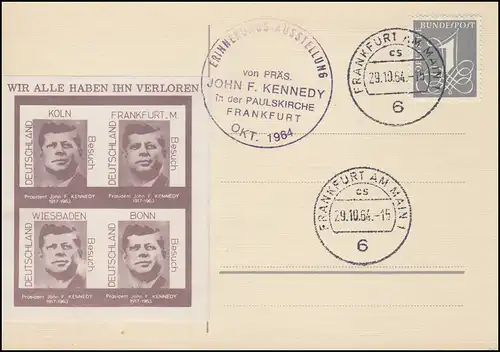 SSt ERINNERUNGSAUSSTELLUNG JOHN F. KENNEDY OKT. 1964 auf PK mit Vignette