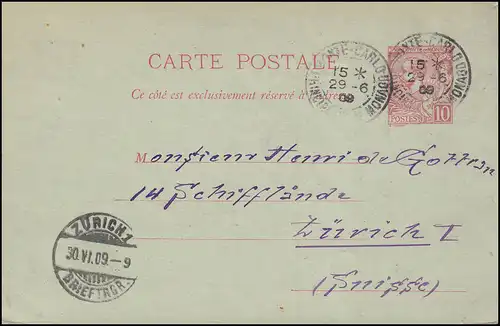 Monaco Carte postale 9 Prince Albert 10 C. MONTE CARLO 29.6.1909 d'après ZÜRICH 30.6.09