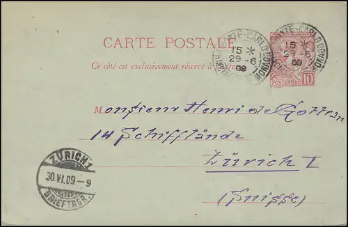 Monaco Postkarte 9 Fürst Albert 10 C. MONTE CARLO 29.6.1909 nach ZÜRICH 30.6.09