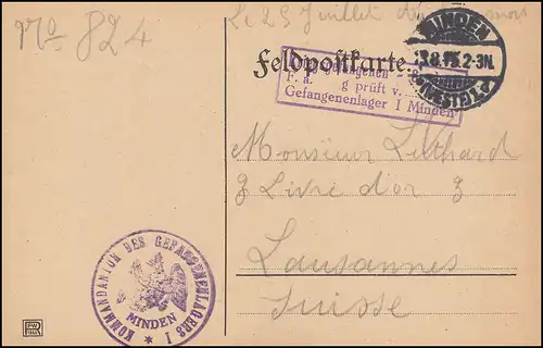 Censure Envoi de prisonniers de guerre Enclos de détenus Minden 13.8.1915 en Suisse