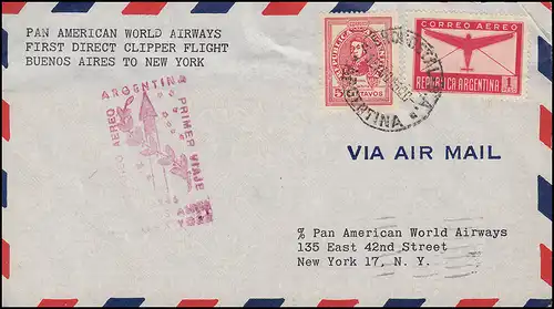 Premier vol FIRST FLIGHT PAN Argentine-USA Buenos Aires 16.8.46 n. New York 19.8.