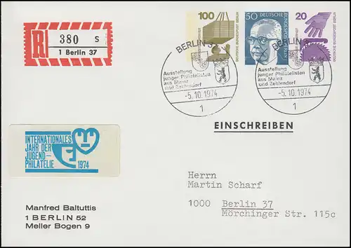 Berlin PU 62 Einschreiben Baltuttis Berlin, SSt Berlin 5.10.1974 mit Aufkleber
