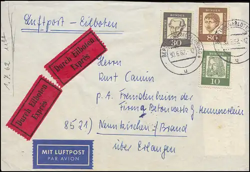 Berlin: Des Allemands importants 10, 30 et 80 Pf MiF Eil-Lp.-Lettre BERLIN 30.6.62