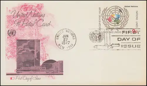 UNO New York Postkarte P 7 als FDC 27.6.1977 privater Schmuck-Zudruck