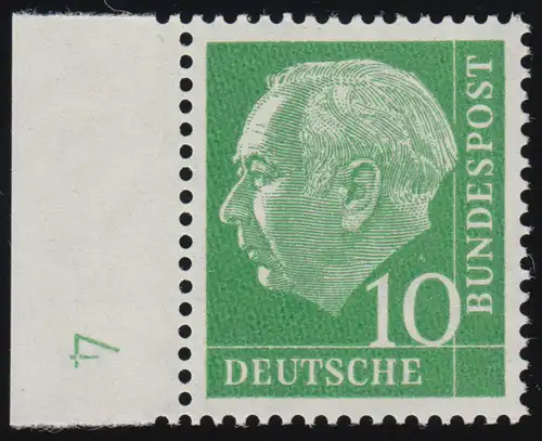 183y Lumogen DZ Heuss 10 Pf. Randstück mit Druckerzeichen DZ 4, ungefaltet, **