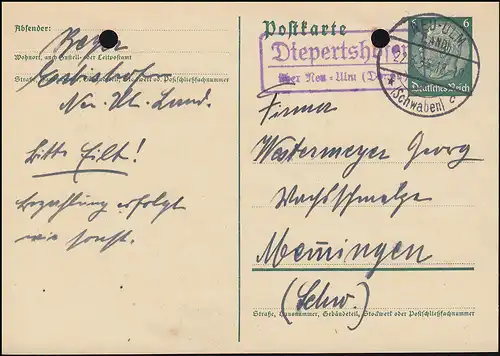 Landpost Diepertshofen über NEU-ULM (LAND) 22.6.35 auf Postkarte P 226I