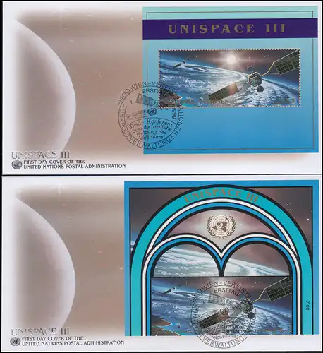 UNO Vienne: Espace UNISPACE 1999 Haute-rande et bloc 10 chacun sur les bijoux FDC
