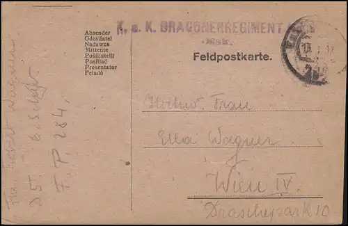 Feldpost K. u. k. Dragonerregiment No. 5 FELDPOSTAMT 284 - 13.1.18 nach Wien