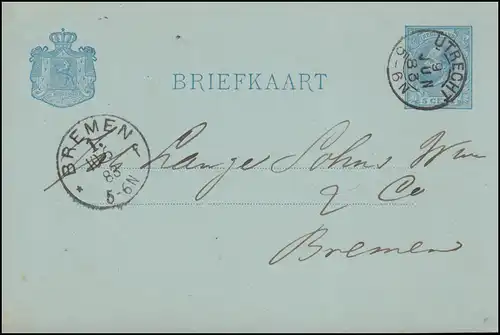 Niederlande Postkarte P 13 Wilhelm aus UTRECHT 9.6.1883 nach BREMEN 10.6.83