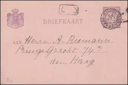 Niederlande Postkarte P 12 Ziffern Ortskarte s'GRAVENHAGE 22.1.1896