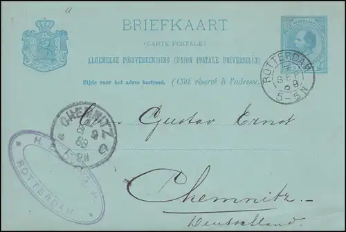 Niederlande Postkarte P 16 Wilhelm aus ROTTERDAM 7.9.1889 nach CHEMNITZ 8.9.89