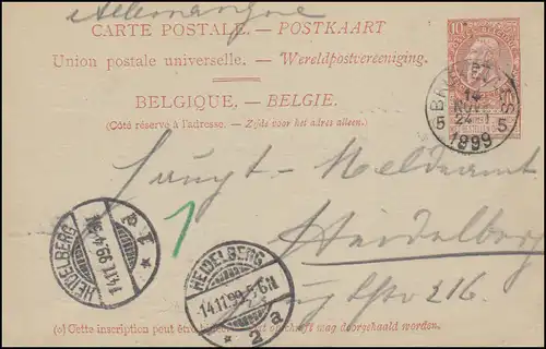 Belgien Postkarte P 31 Leopold aus BRÜSSEL/BRUXELLES 14.11.1899 nach HEIDELBERG