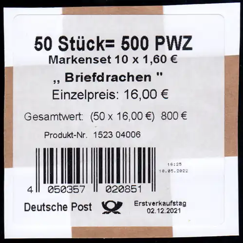 FB 116 Welt der Briefe: Briefdrachen 160 Cent, Folienblatt-BANDEROLE, Type Ib