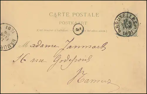 Belgien Postkarte P 22I Ziffer aus BRÜSSEL/BRUXELLES 17.2.1891 nach NAMUR 17.2.