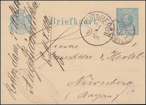 Niederlande Postkarte P 9 Wilhelm ROTTERDAM 10.10.1880 nach NÜRNBERG II 11.10.