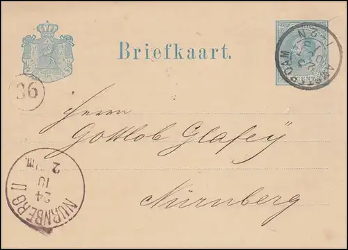 Pays-Bas Carte postale P 9 Wilhelm ROTTERDAM 23.10.1880 n. NÜRNBERG 24.10./N° 36