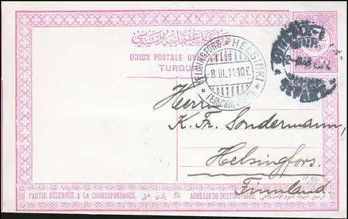 Türkei Postkarte P 37 Tughra-Zeichnung 20 Para CONSTANTINOPEL n. HELSINKI 8.3.11