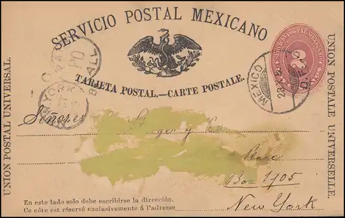 Mexiko: Postkarte Ziffer 2 Centavos MEXICO D.F. 23.10.1889 nach NEW YORK 29.10.