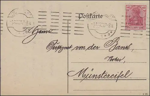 145II Germania EF Postkarte Hypothekenbank STUTTGART 1s - 1.8.21 n. Münstereifel