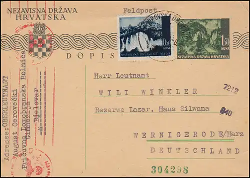 Croatie 1943: censure sur carte postale P 3 avec armoire supplémentaire Bjelovar 3.4.43