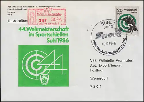 3 Einschreibemarke 6000-1 WM im Sportschießen R-Brief SSt SUHL 6.9.1986