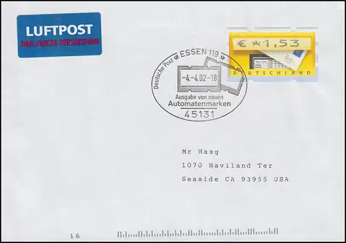 5.1 Briefkasten 1,53 Euro portogerechte EF auf Auslands-FDC, ESSt ESSEN 4.4.2002