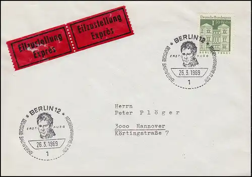 284 Bauwerke EF auf Eil-FDC ESSt BERLIN 26.3.69 per Bahnpost nach HANNOVER 29.3.