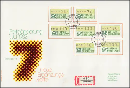 ATM 1.1. Ergänzungswerte von 20-300 Pf.: Satz auf Schmuck-R-FDC BONN 1.7.1982