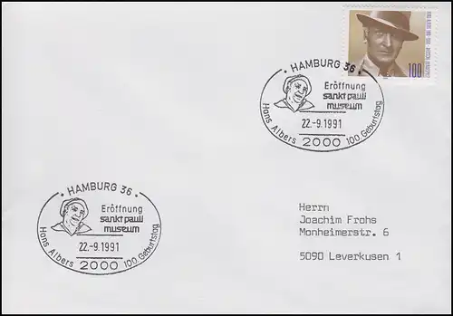 1561 Hans Albers Reeperbahn, Brief SSt Hamburg Sankt Pauli Museum 22.9.1991