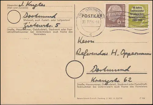 177+180 Heuss: 177 mit Aufdruck BSV Dortmund MiF auf Postkarte DORTMUND 21.11.55