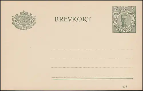 Schweden Postkarte P 33 Brevkort König Gustav Druckdatum 618, ** postfrisch