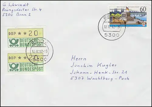 1583x Koblenz - ohne Fluoreszenz mit 2 ATM auf Brief BONN 12.12.1992