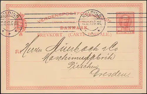Dänemark Postkarte P 140 BREVKORT 10 Öre aus KOLDING 22.12.1910 nach Dresden