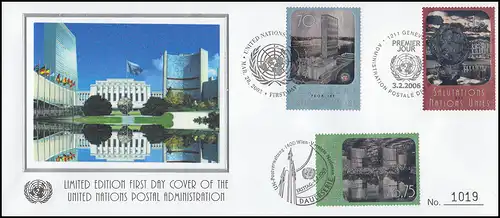 UNO Trio-Spezial-FDC Freimarken mit Hologramm 2003/2005/2006 ESSt Genf/Wien/N.Y.