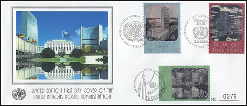 FDC spécial de trio de l'ONU marques libres avec hologramme 2001/2005/2006, ESSt tous les 3 lieux