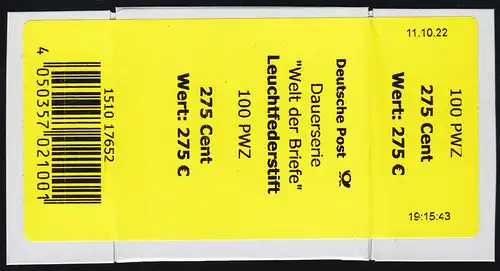 3657 Leuchtfederstift 275 Cent gelb 2022: Banderole/Aufkleber 100er mit großem Z