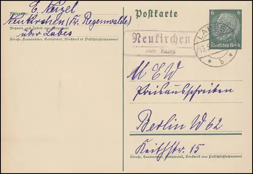 Landpost Neukirchen über LABES 13.5.1936 auf Postkarte nach Berlin