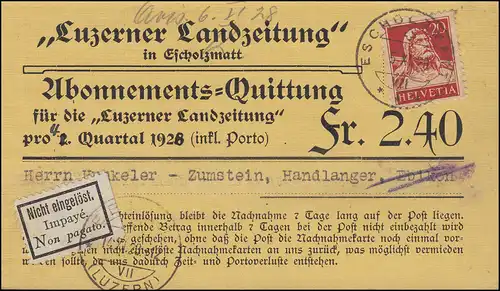 Abonnement-Quittung Luzerner Landzeitung ESCHOLZMATT 5.12.28 nach EBIKON 6.12.28