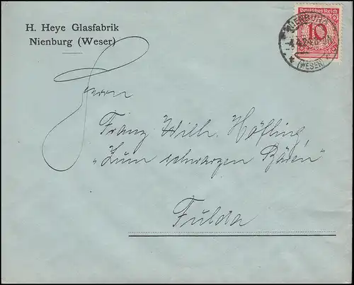 340Pa couvercles de panier EF Brief Glassfabrik H. Heye NIENBURG/WESER 4.4.1924 vers Fulda