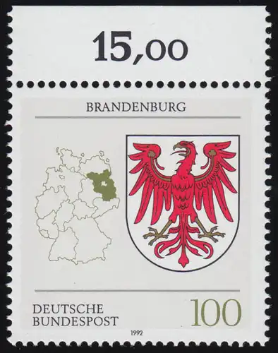 1589 Länderwappen Brandenburg 100 Pf ** Oberrand