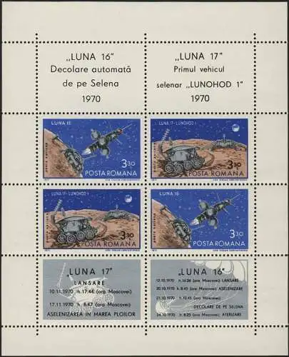 Rumänien Block 82 Luna 16 Luna 17 Lunochod - Monderkundung **/MNH