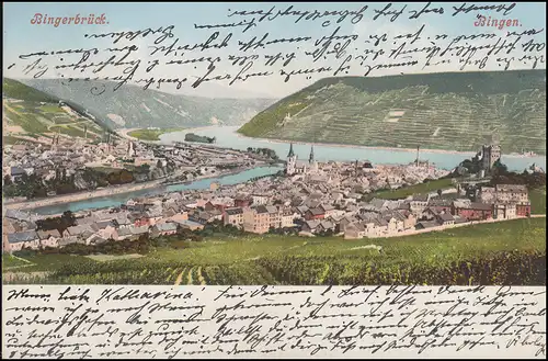 AK Bingerbrück Panorama, per Bahnpost ZUG 314 nach MICHELSTADT 4.6.1904