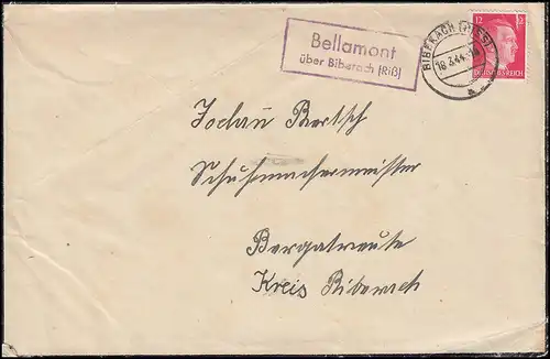 Landpoststempel Bellamont über BIBERACH (RISS) 18.2.1944 auf Trauerbrief