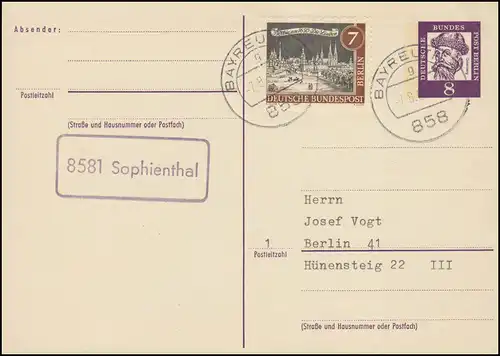 Landpost 8581 Sophienthal auf Postkarte 858 BAYREUTH 7.8.63 nach Berlin