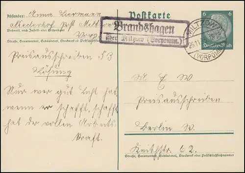 Landpost Brandshagen über Miltzow (Vorpommern) 26.11.35 auf Postkarte