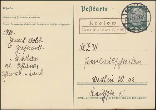 Landpost Krolow über Schlawe (Pommern) Land 26.11.35 auf Postkarte