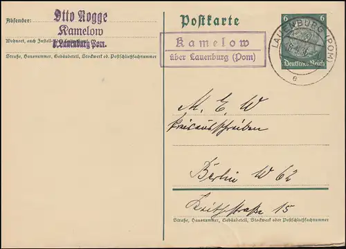 Landpost Kamelow über Lauenburg (Pommern) 18.5.36 auf Postkarte