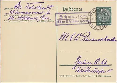 Landpost Schmarsow über Schlawe (Pommern) Land 23.11.35 auf Postkarte