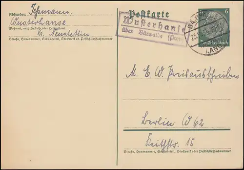 Landpost Wusterhanse über Bärwalde (Pommern) Land 23.11.35 auf Postkarte